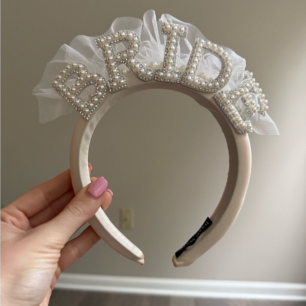 White Bride Headband with Rhinestone Pearl Lettering